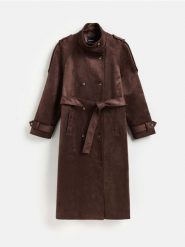 Płaszcz z imitacji zamszu - ciemnobrązowy. Brązowe płaszcze Reserved, l, bez wzorów, bez kaptura. Za 359.99 zł.