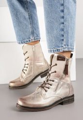 Złote Botki Workery ze Sznurowaniem i Zapięciem na Suwak Vemida. Żółte botki Born2be, bez wzorów, z jeansu, eleganckie, bez obcasa, na płaskiej podeszwie, bez zapięcia. Za 109.99 zł.