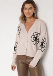 Beżowy Kardigan na Guziki w Haftowane Kwiaty Tustara. Brązowe swetry Born2be, l, bez wzorów, z jeansu, bez ramiączek. Za 79.99 zł.
