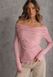 Różowa Marszczona Bluzka z Bawełną i Dekoltem w Łódkę Orinlia. Czerwone bluzki Renee, l, bez wzorów, z bawełny, eleganckie, bez kołnierzyka, bez ramiączek. Za 89.99 zł.