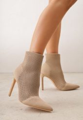 Ciemnobeżowe Skarpetkowe Botki VICES na Szpilce z Cholewką o Strukturalnym Splocie Lodinia. Brązowe botki Born2be, bez wzorów, z materiału, klasyczne, z otwartym noskiem, bez obcasa, na obcasie, bez zapięcia. Za 159.99 zł.