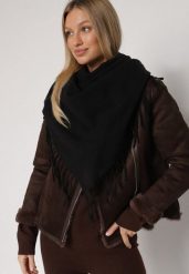Czarny Gładki Szalik z Frędzlami Vetiela. Czarne szaliki i kominy Born2be, na zimę, bez wzorów, z jeansu, eleganckie. Za 34.99 zł.
