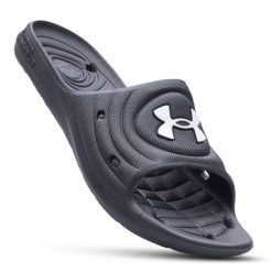Klapki sportowe damskie Under Armour basenowe lekkie. Czarne klapki Under Armour, bez wzorów, sportowe, bez obcasa, bez zapięcia. Za 89.99 zł.