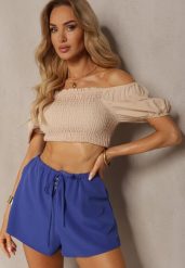 Granatowe Szorty High Waist z Gumką w Talii Virasa. Niebieskie szorty Renee, bez wzorów, z materiału. W wyprzedaży za 39.99 zł.