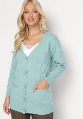 Miętowy Kardigan o Wydłużonym Fasonie z Ozdobnym Wzorem Dzianiny Gerwine. Zielone swetry Born2be, bez wzorów, z dzianiny, bez ramiączek. Za 89.99 zł.