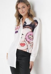 Biała Koszula z Nadrukiem i Kołnierzem Tyree. Białe koszule Born2be, xl, bez wzorów, eleganckie, bez kołnierzyka, bez ramiączek. W wyprzedaży za 42.49 zł.