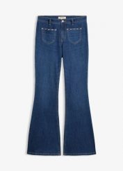 Jeansy Bootcut, średni stan. Niebieskie jeansy bonprix, bez wzorów, z jeansu. Za 154.99 zł.