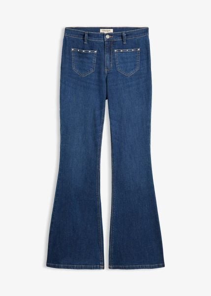 Jeansy Bootcut, średni stan. Niebieskie jeansy bonprix, bez wzorów, z jeansu. Za 154.99 zł.