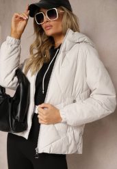 Jasnoszara Kurtka z Kapturem Ozdobiona Pikowaniem Lilora. Szare kurtki Renee, l, bez wzorów, z jeansu, eleganckie, z kapturem. W wyprzedaży za 134.99 zł.