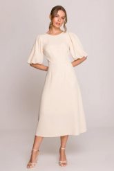 Elegancka sukienka koktajlowa z bufiastymi rękawami kremowa. Białe sukienki Stylove, na imprezę, l, bez wzorów, z elastanu, eleganckie, bez kołnierzyka, bez ramiączek, midi, dopasowane. Za 489.00 zł.