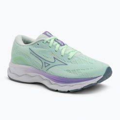 Buty do biegania damskie Mizuno Wave Serene neo mint/paisley purple/citadel. Zielone buty do biegania Mizuno, bez wzorów, z gumy, bez zapięcia, do biegania, mizuno wave. Za 289.99 zł.