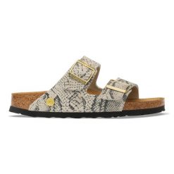 BIRKENSTOCK Arizona Print LEVE Snake Oyster Klapki damskie. Brązowe klapki Birkenstock, bez wzorów, z denimu, eleganckie, bez obcasa, bez zapięcia. Za 529.99 zł.