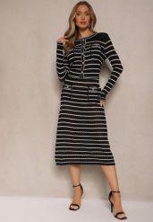 Czarny Komplet z Dzianiny z Wiskozą w Prążki Kardigan i Spódnica Sepelisse. Czarne swetry Renee, m, z aplikacjami, z dzianiny, eleganckie, bez ramiączek. W wyprzedaży za 143.99 zł.