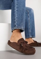 Ciemnobrązowe Klapki Ozdobione Kokardą i Frędzlami Felindrise. Brązowe klapki Renee, z aplikacjami, boho, bez obcasa, na płaskiej podeszwie, bez zapięcia. Za 119.99 zł.