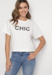 Biały T-shirt Bawełniany z Napisem i Perełkami Nalinor. Białe t-shirty Born2be, m, bez wzorów, z bawełny, eleganckie, bez kołnierzyka, bez ramiączek. Za 49.99 zł.