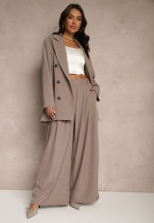 Jasnobrązowe Eleganckie Spodnie Palazzo z Szerokimi Nogawkami Adivisa. Brązowe jeansy Renee, bez wzorów, z jeansu, eleganckie, z podwyższonym stanem. Za 99.99 zł.