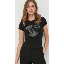 Guess t-shirt damski kolor czarny. Czarne t-shirty Guess, z aplikacjami, bez kołnierzyka, bez ramiączek. Za 189.99 zł.