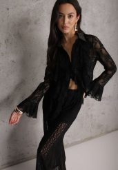 Czarna Wiskozowa Koronkowa Koszula z Bawełną i Falbanami Oraeno. Czarne koszule Renee, m, bez wzorów, z bawełny, bez kołnierzyka, bez ramiączek. Za 119.99 zł.