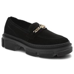 Półbuty damskie Karino, zamszowa cholewkaozdobny łańcuch metalowy miękka wkładka, czarny welur, 4370-003-P. Czarne półbuty wsuwane Karino, bez wzorów, z weluru, bez obcasa, na płaskiej podeszwie. Za 339.00 zł.