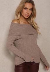 Beżowy Sweter z Wiskozą z Prążkowanego Materiału Ozdobiony Wywiniętym Dekoltem Hedisha. Brązowe swetry Renee, bez wzorów, z jeansu, biznesowe, bez ramiączek. W wyprzedaży za 87.99 zł.