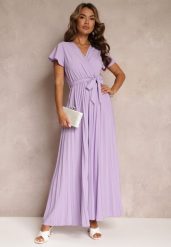 Fioletowa Koktajlowa Maxi Sukienka Ozdobiona Plisami z Trójkątnym Dekoltem i Wiązaniem w Talii Phoelia. Fioletowe sukienki Renee, na imprezę, s, bez wzorów, eleganckie, bez kołnierzyka, bez ramiączek, maxi. W wyprzedaży za 67.99 zł.