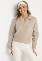 Beżowy Sweter o Krótkim Kroju z Kołnierzykiem i Dekoltem w Serek Valentarisa. Brązowe swetry Born2be, bez wzorów, z bawełny, eleganckie, bez ramiączek. W wyprzedaży za 127.49 zł.