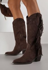 Ciemnobrązowe Kozaki Kowbojki na Stożku Ozdobione Frędzlami Reianeva. Brązowe kozaki Renee, bez wzorów, z jeansu, bez obcasa, na obcasie, bez zapięcia. Za 169.99 zł.