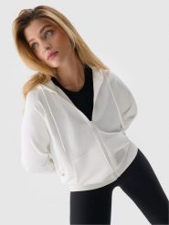4F Bluza dresowa rozpinana z kapturem damska - biała XXL. Białe bluzy 4f, l, bez wzorów, z bawełny, sportowe, bez ramiączek, z kapturem. W wyprzedaży za 99.99 zł.