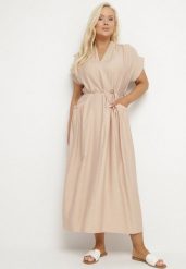 Beżowa Wiskozowa Sukienka Pudełkowa z Cienkim Paskiem i Kieszeniami Lumivorae. Brązowe sukienki Born2be, na co dzień, plus size, bez wzorów, z wiskozy, eleganckie, bez kołnierzyka, plus size, bez ramiączek, maxi, proste. W wyprzedaży za 67.99 zł.
