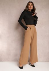 Brązowe Eleganckie Spodnie Dzwony z Ozdobnymi Patkami w Pasie Nattas. Brązowe jeansy Renee, l, bez wzorów, z jeansu, eleganckie, z podwyższonym stanem. W wyprzedaży za 56.99 zł.