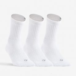 Skarpety sportowe tenis RS500 wysokie 3 pary. Białe skarpetki Decathlon, bez wzorów, z bawełny. Za 39.99 zł.