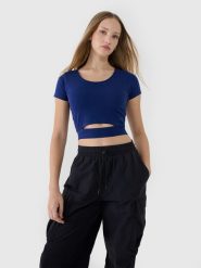 4F T-shirt crop top gładki damski - granatowy M. Niebieskie t-shirty 4f, m, bez wzorów, z bawełny, sportowe, bez kołnierzyka, bez ramiączek. W wyprzedaży za 39.99 zł.