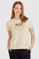 PINKO Beżowy t-shirt damski z logo z cekinów. Brązowe t-shirty Pinko, s, bez wzorów, prążkowane, bez kołnierzyka, bez ramiączek. W wyprzedaży za 359.99 zł.