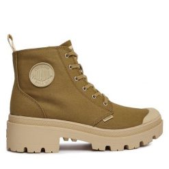 Trapery Palladium. Brązowe traperki Palladium, bez wzorów, bez obcasa, bez zapięcia. Za 479.99 zł.