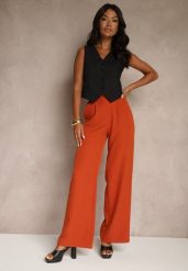 Pomarańczowe Szerokie Spodnie High Waist z Gumką w Pasie Eternel. Brązowe jeansy Renee, l, bez wzorów, z jeansu, z podwyższonym stanem. W wyprzedaży za 75.99 zł.