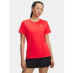 Koszulka T-Shirt Damski Under Armour Treningowy Szybkoschnący Lekki Tech. Czerwone t-shirty Under Armour, bez wzorów, sportowe, bez kołnierzyka, bez ramiączek. Za 119.99 zł.