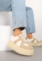 Ciemnobeżowe Sneakersy Typu Tenisówki na Żłobionej Platformie Lorreia. Brązowe trampki Renee, bez wzorów, z jeansu, eleganckie, bez zapięcia. W wyprzedaży za 83.99 zł.