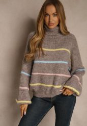 Beżowy Golf z Wełną w Paski Monallesa. Brązowe swetry Renee, na jesień, bez wzorów, z jeansu, bez ramiączek. Za 169.99 zł.