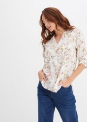 Bluzka z nadrukiem. Białe bluzki bonprix, bez wzorów, eleganckie, bez kołnierzyka, bez ramiączek. Za 89.99 zł.