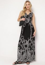 Czarna Sukienka z Ornamentalnym Wzorem Gumką w Talii i Sznurkami na Ramionach Avemina. Czarne sukienki Born2be, na spotkanie biznesowe, l, bez wzorów, eleganckie, bez kołnierzyka, bez ramiączek, maxi. Za 79.99 zł.