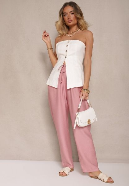 Różowe Spodnie z Bawełną Ozdobione Wiązaniem Voreia. Czerwone jeansy Renee, l, bez wzorów, z bawełny, z podwyższonym stanem. Za 59.99 zł.