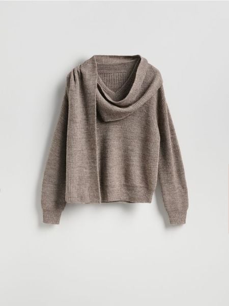 Sweter z wełną - beżowy. Brązowe swetry Reserved, l, bez wzorów, z dzianiny, bez ramiączek. Za 219.99 zł.