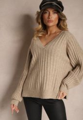 Beżowy Sweter Prążkowany z Wiskozą Wełną Rozcięciami i Ozdobnymi Ściągaczami Korinka. Brązowe swetry Renee, bez wzorów, z jeansu, casualowe, bez ramiączek. W wyprzedaży za 127.99 zł.