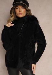 Czarna Bluza z Wełną z Kapturem i Kieszeniami Ozdobiona Futerkiem Siliti. Czarne bluzy Renee, na zimę, l, bez wzorów, z jeansu, eleganckie, bez ramiączek, z kapturem. W wyprzedaży za 147.99 zł.