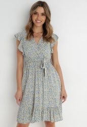 Niebiesko-Żółta Sukienka z Paskiem Katista. Niebieskie sukienki Born2be, l, bez wzorów, z materiału, bez kołnierzyka, bez ramiączek, mini, kopertowe. Za 119.99 zł.