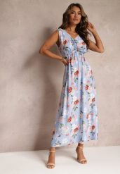 Jasnoniebieska Sukienka Maxi w Kwiaty z Gumką w Talii Kaleita. Niebieskie sukienki Renee, l, bez wzorów, z bawełny, bez kołnierzyka, bez ramiączek, maxi, rozkloszowane. Za 49.99 zł.