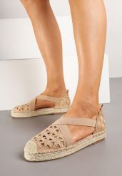 Ciemnobeżowe Espadryle na Plecionej Podeszwie z Ażurowymi Zdobieniami Deothra. Brązowe espadryle Renee, z aplikacjami, z jeansu, eleganckie, z okrągłym noskiem, bez obcasa, na płaskiej podeszwie. W wyprzedaży za 83.99 zł.