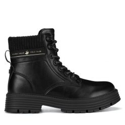 Trzewiki Beverly Hills Polo Club. Czarne botki Beverly Hills Polo Club, bez wzorów, bez obcasa, na płaskiej podeszwie, bez zapięcia. Za 169.99 zł.