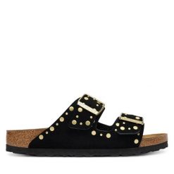 Klapki Birkenstock. Czarne klapki Birkenstock, bez wzorów, bez obcasa, bez zapięcia. Za 639.99 zł.