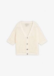Sweter rozpinany w ażurowy wzór z dodatkiem lnu. Białe swetry bonprix, w ażurowe wzory, z bawełny, bez ramiączek. Za 169.99 zł.